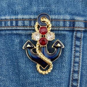Vintage Trifari Signed Enamel and Rhinestone Anchor Brooch